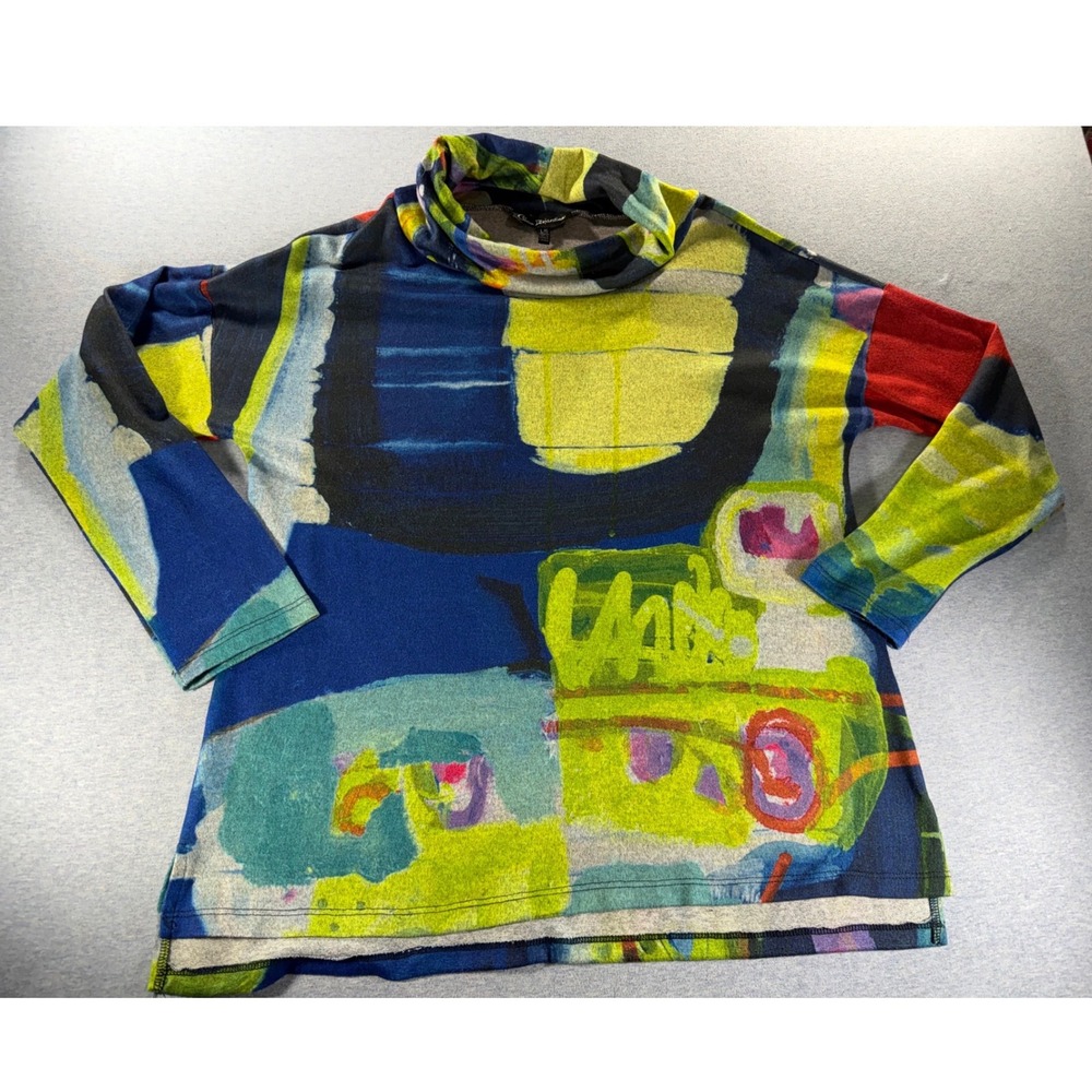Claire Desjardins Abstract Art Print Cowl Neck Top Blue Green L/G Made in Canada